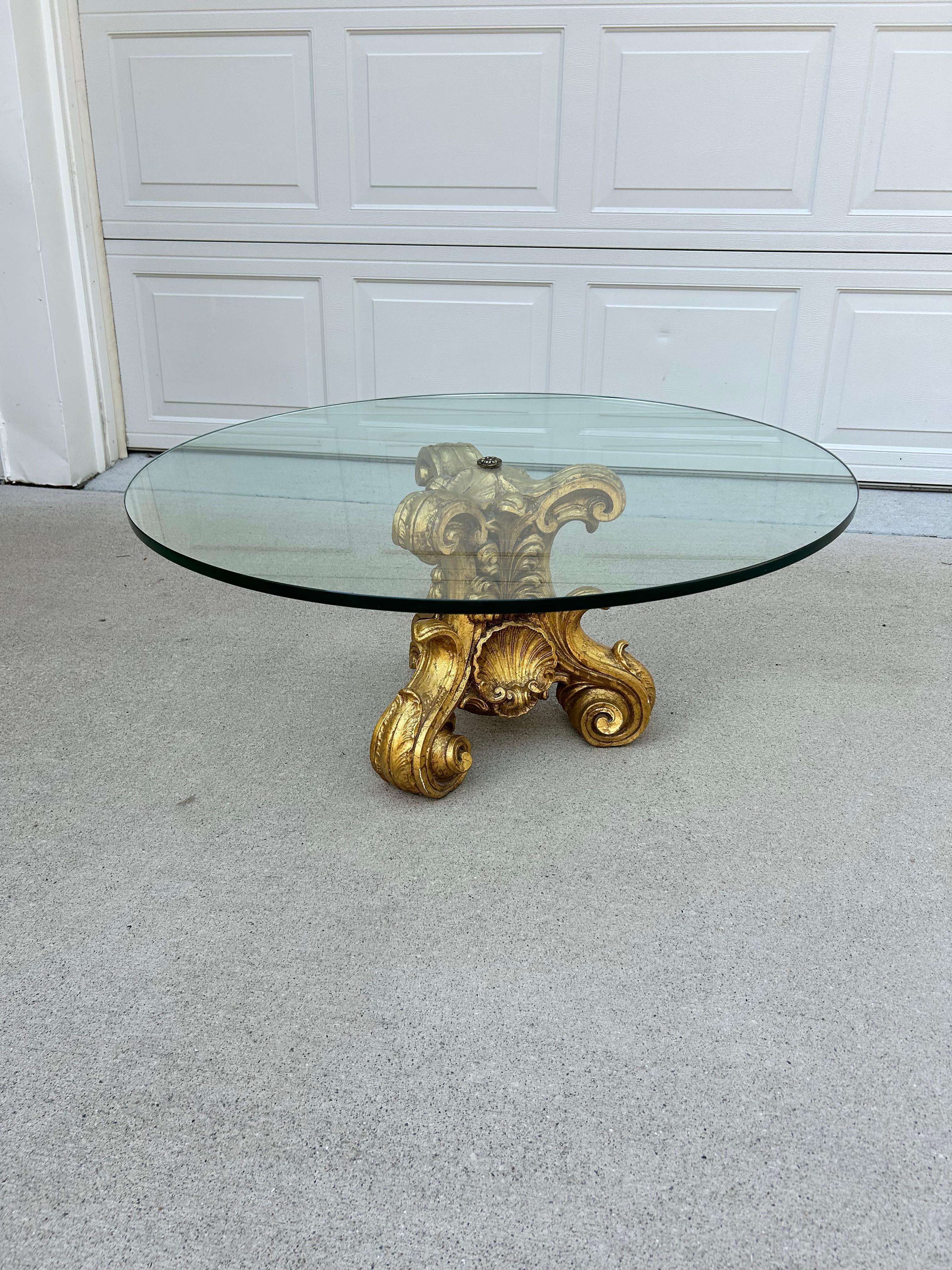 20th Century Hollywood Regency Gold and Glass Coffee Table For Sale