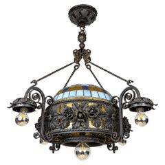 Italienischer Vintage-Kronleuchter aus Schmiedeeisen mit Buntglas, 1950er Jahre