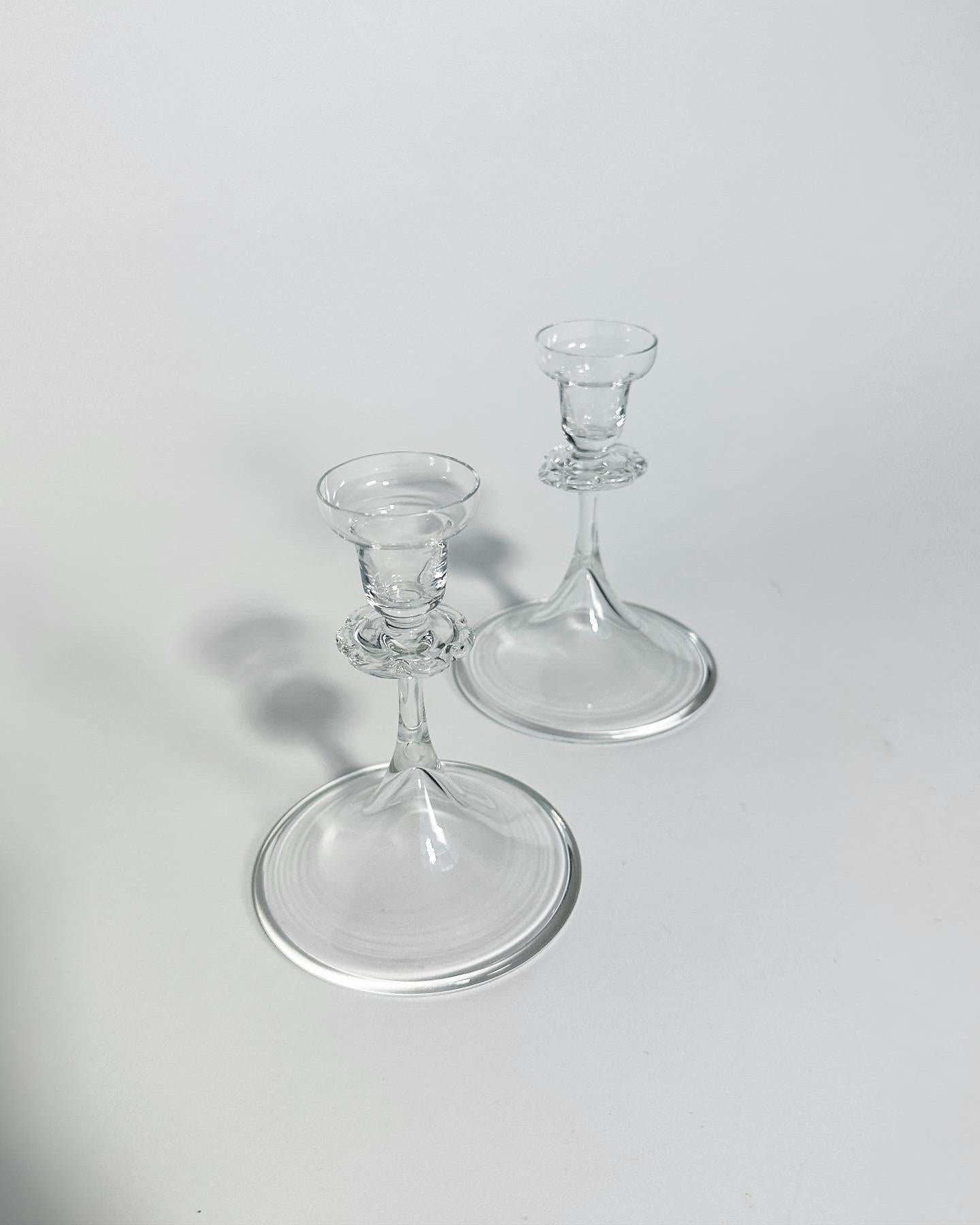 Swedish Pair of Nils Landberg Candle Sticks Crystal Glass Orrefors / Sandvik 1930s