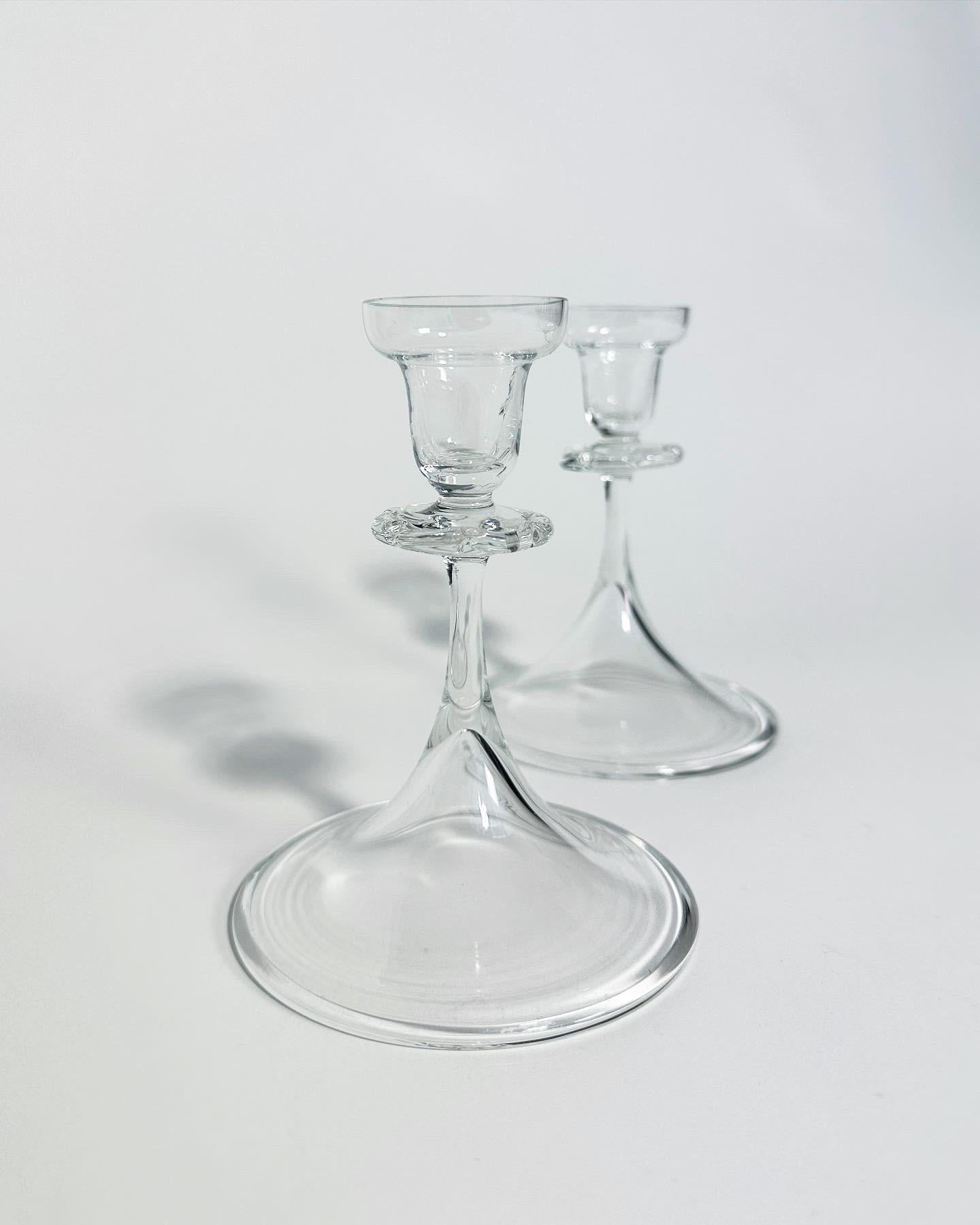 Mid-Century Modern Pair of Nils Landberg Candle Sticks Crystal Glass Orrefors / Sandvik 1930s