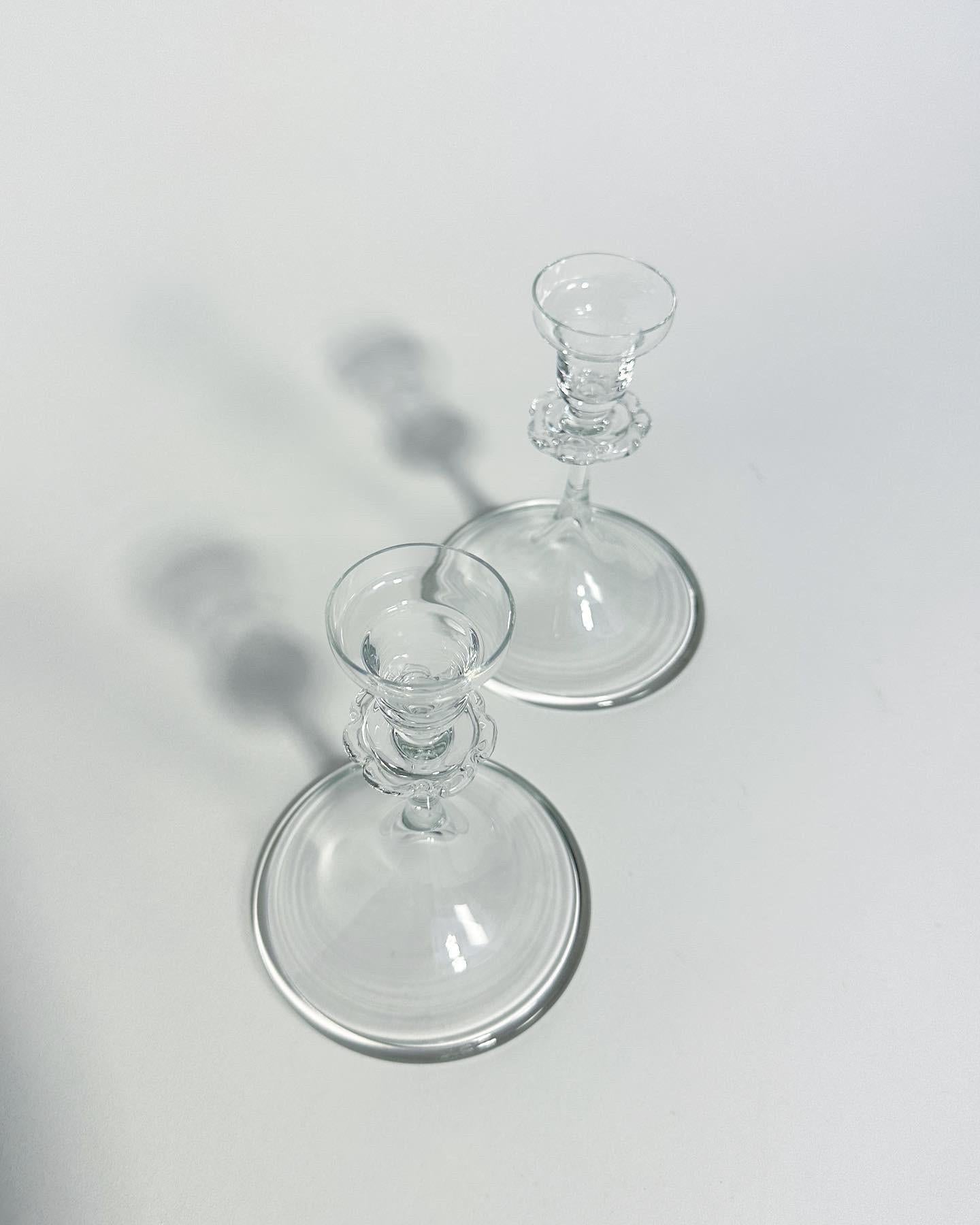 Hand-Crafted Pair of Nils Landberg Candle Sticks Crystal Glass Orrefors / Sandvik 1930s