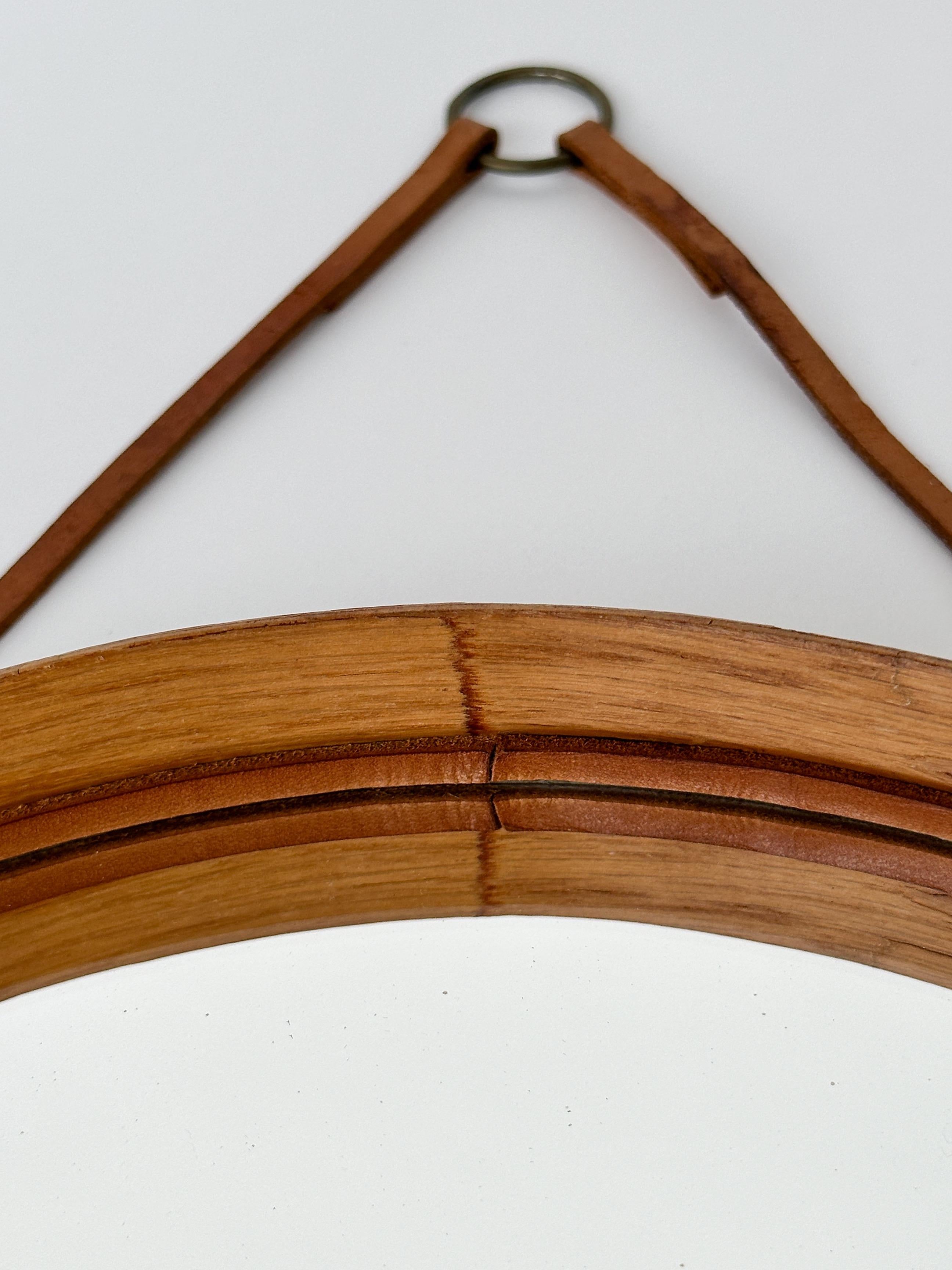 Small Swedish Mirror Oak Glasmäster Markaryd Nils Troëd 1960s Leather Strap For Sale 1