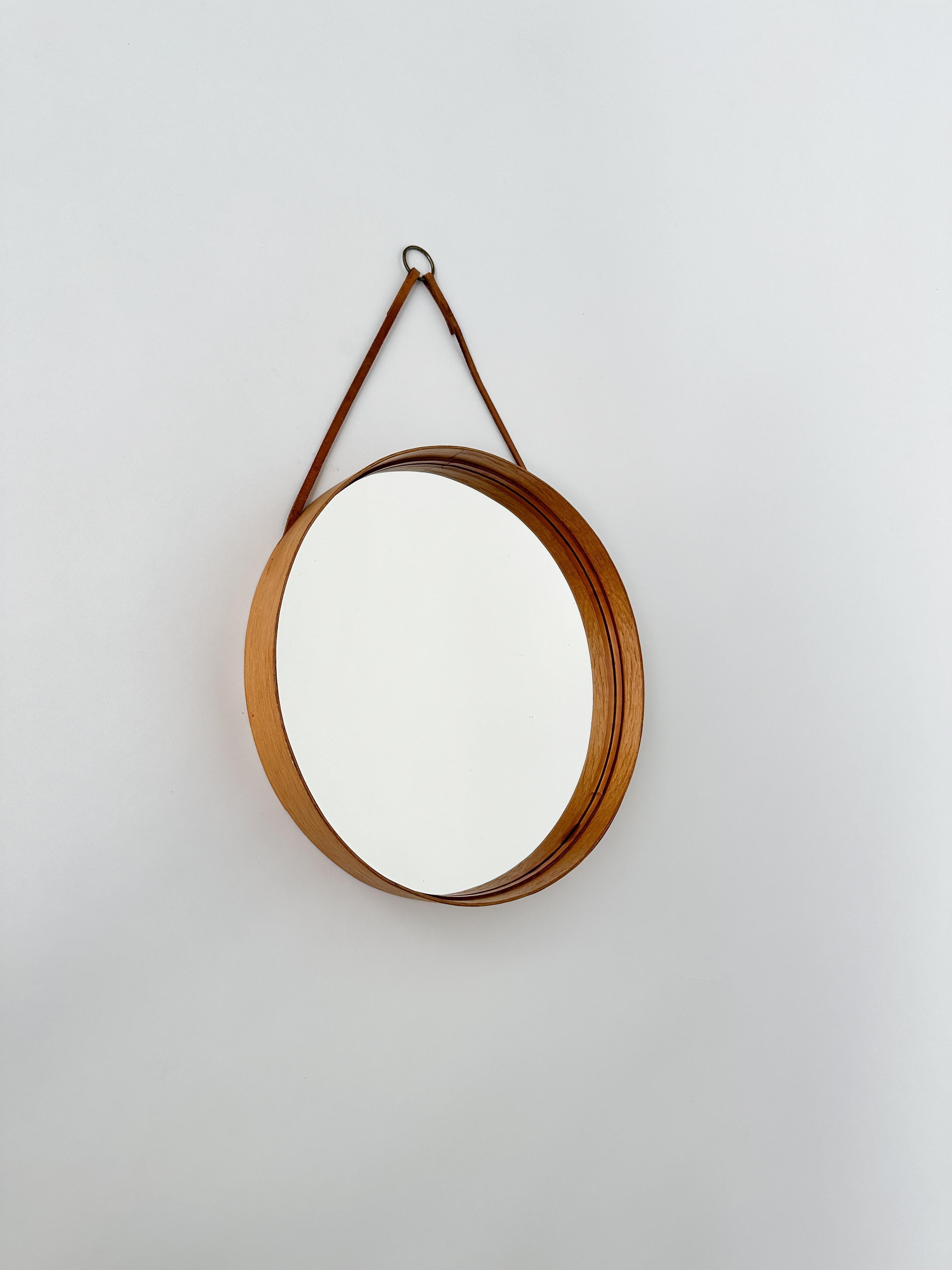 Scandinavian Modern Small Swedish Mirror Oak Glasmäster Markaryd Nils Troëd 1960s Leather Strap For Sale