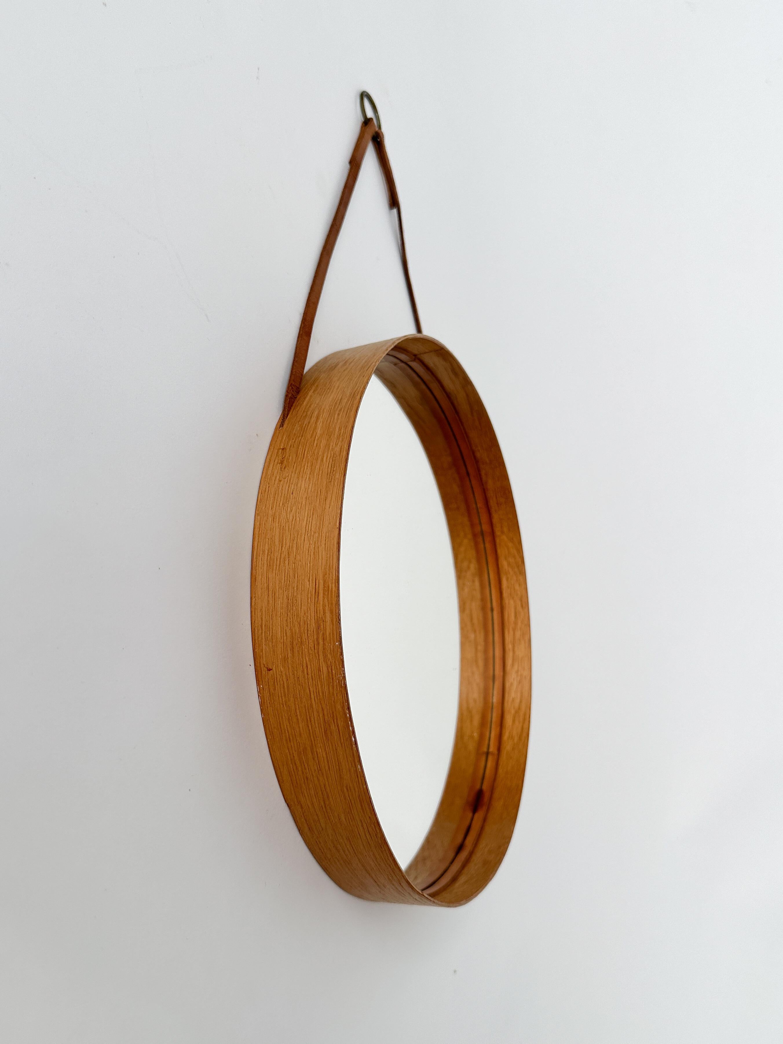 Hand-Crafted Small Swedish Mirror Oak Glasmäster Markaryd Nils Troëd 1960s Leather Strap For Sale