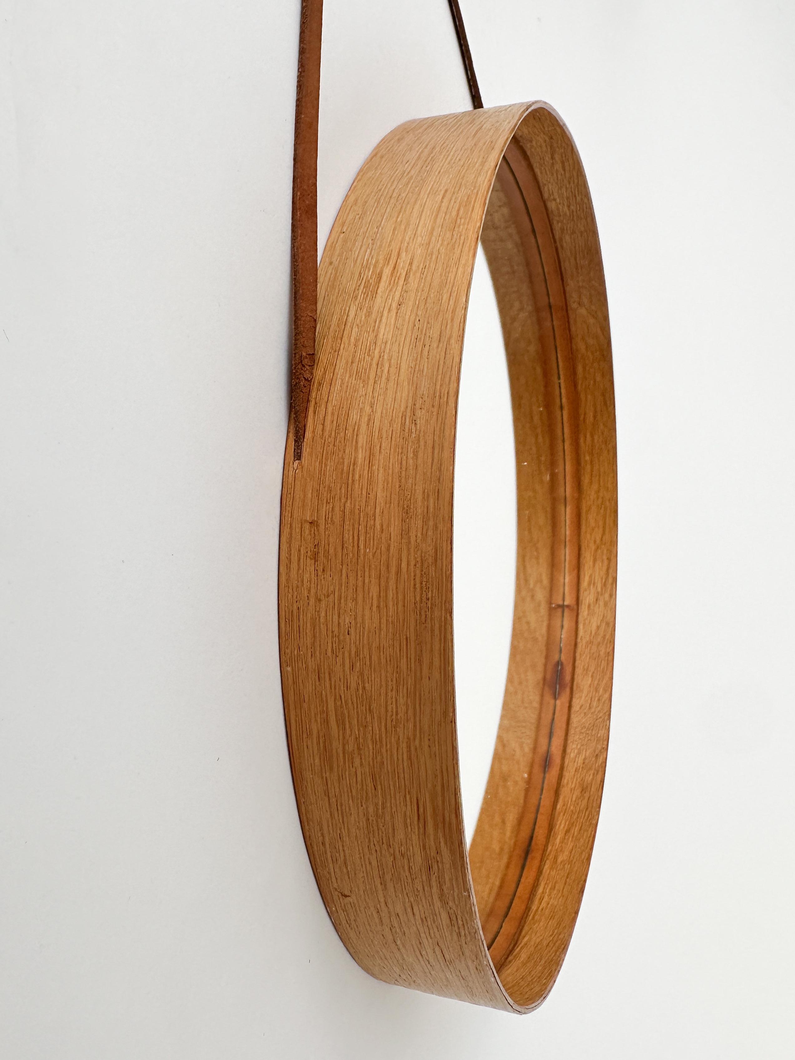 Mid-20th Century Small Swedish Mirror Oak Glasmäster Markaryd Nils Troëd 1960s Leather Strap For Sale
