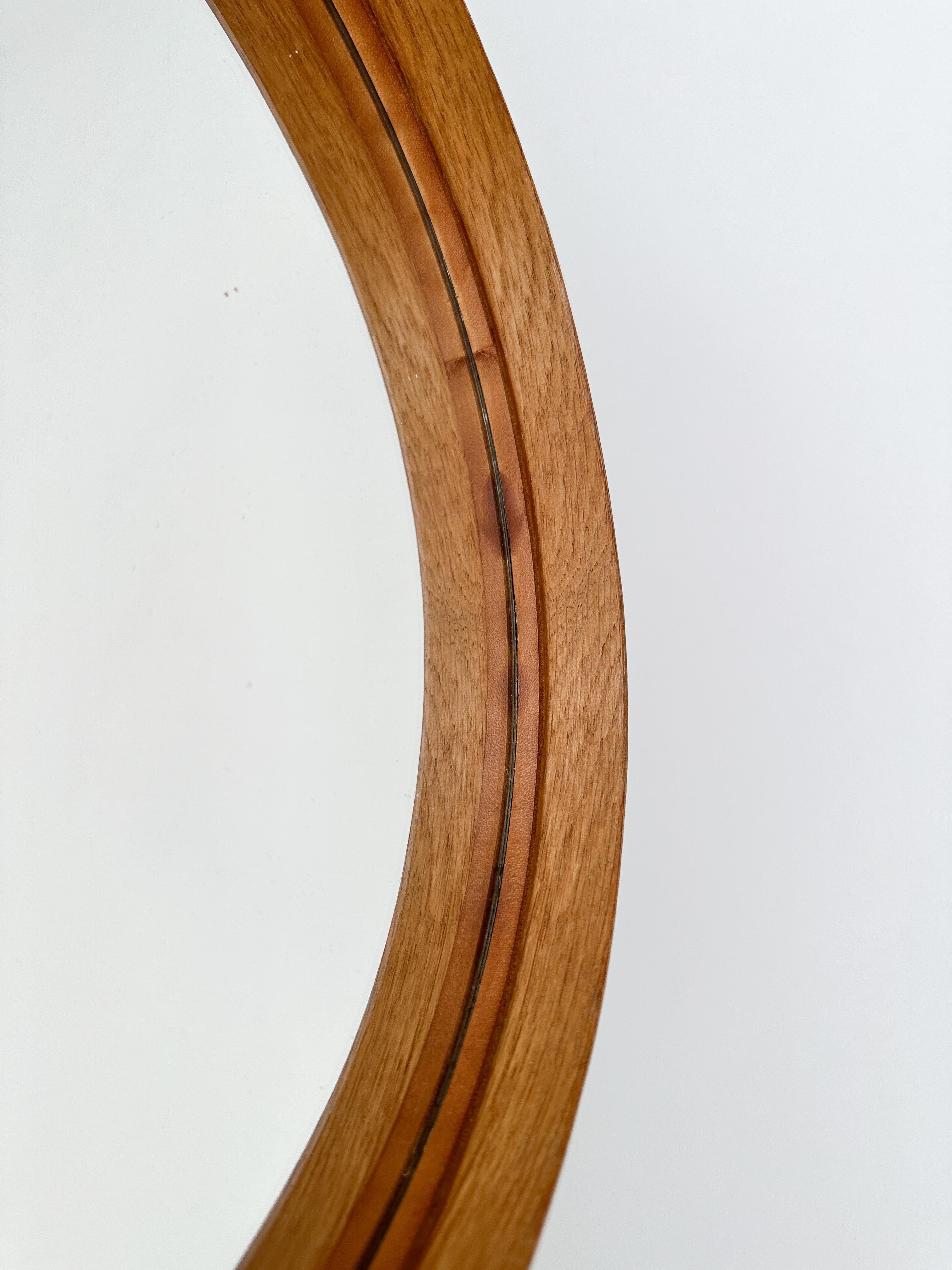 Brass Small Swedish Mirror Oak Glasmäster Markaryd Nils Troëd 1960s Leather Strap For Sale