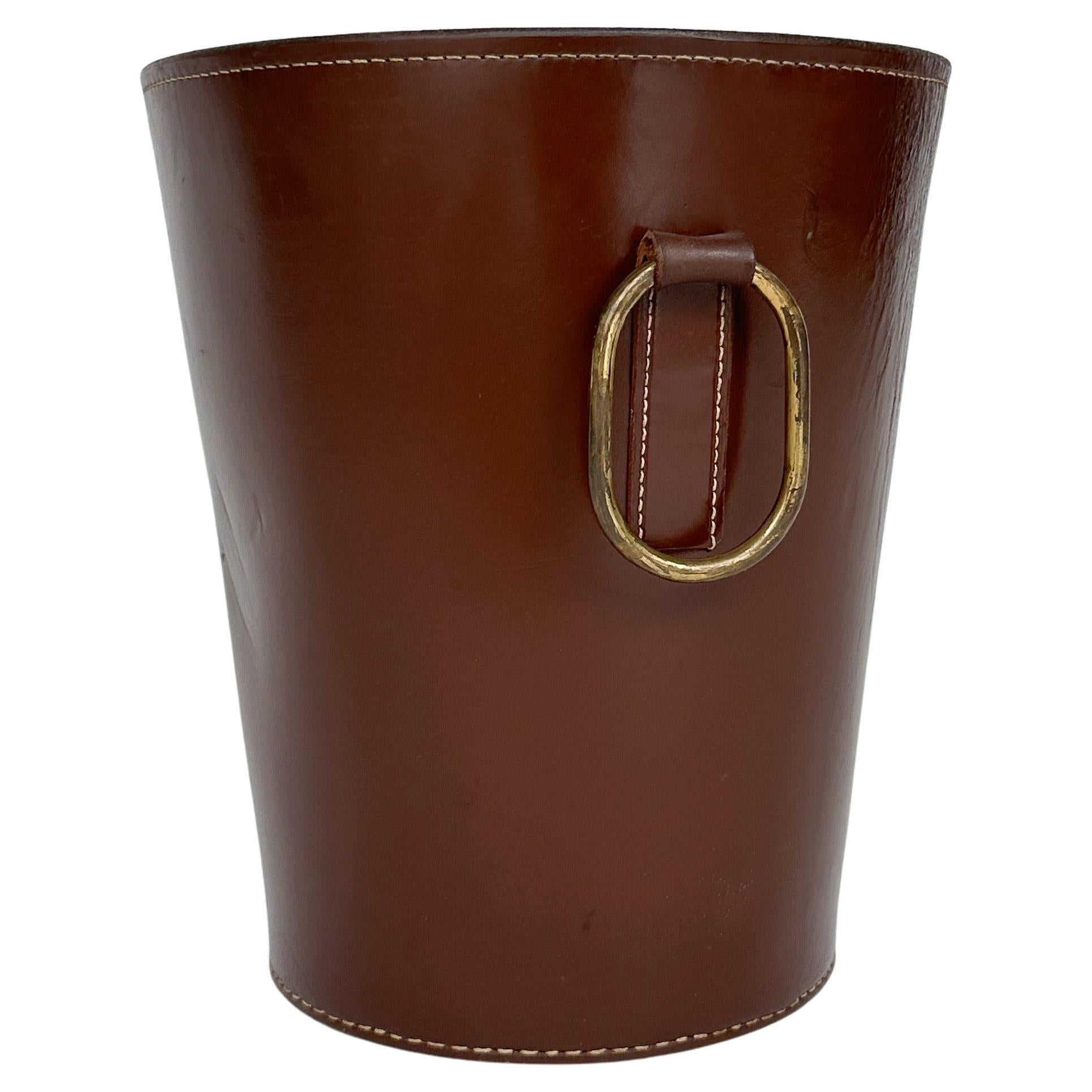 Illums Bolighus Paper Waste Basket Leather Brass Denmark 1950s Paper Bin