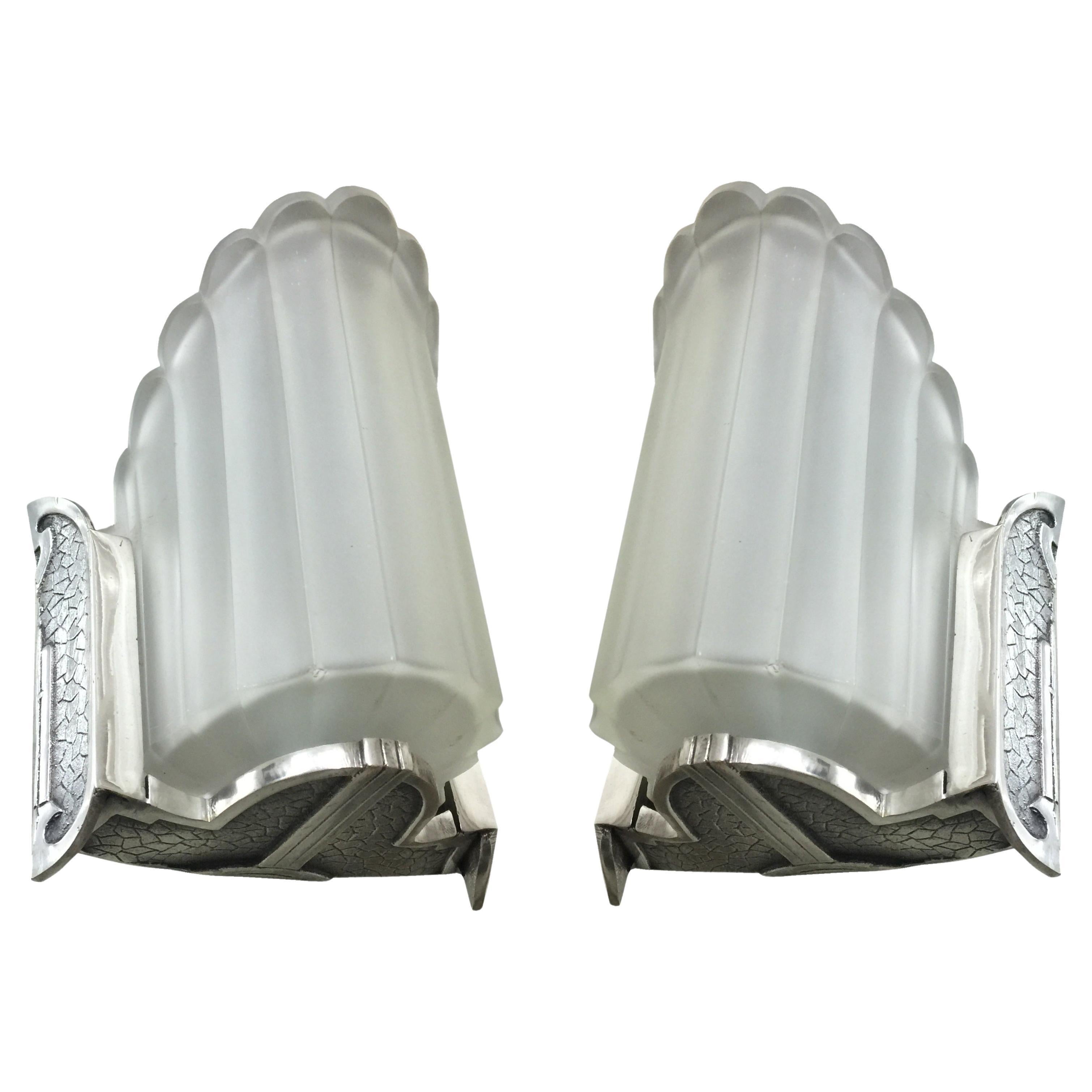 2 lampade in bronzo placcato argento e vetro, Francia, 1930, stile, Art Deco in vendita