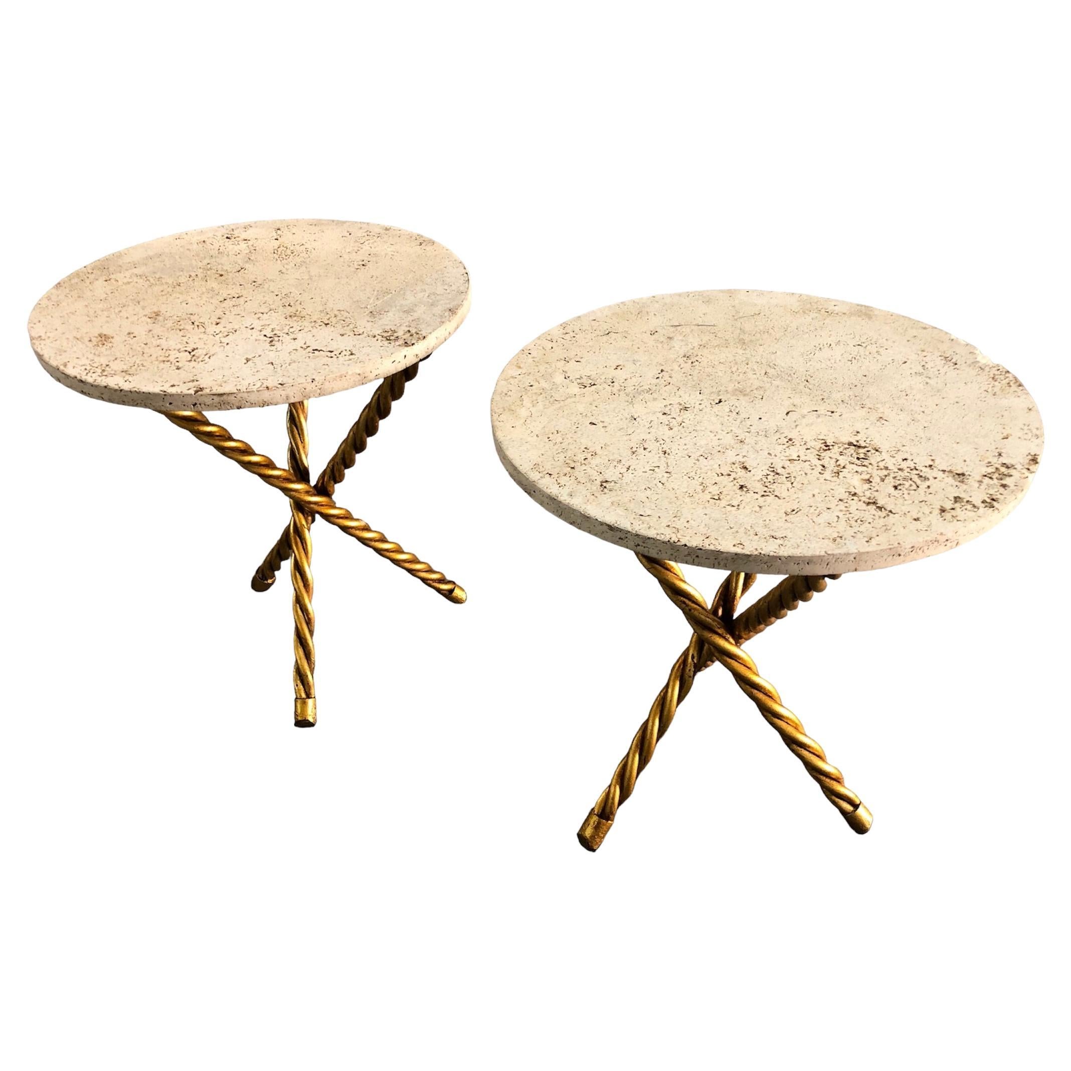 Pair of Amazing Art Deco, Tables in Golden Iron Sheet and Travertine, France For Sale
