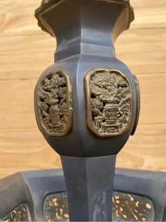 Vintage Pewter and Gilt Chinese Temple Candlesticks - Pair