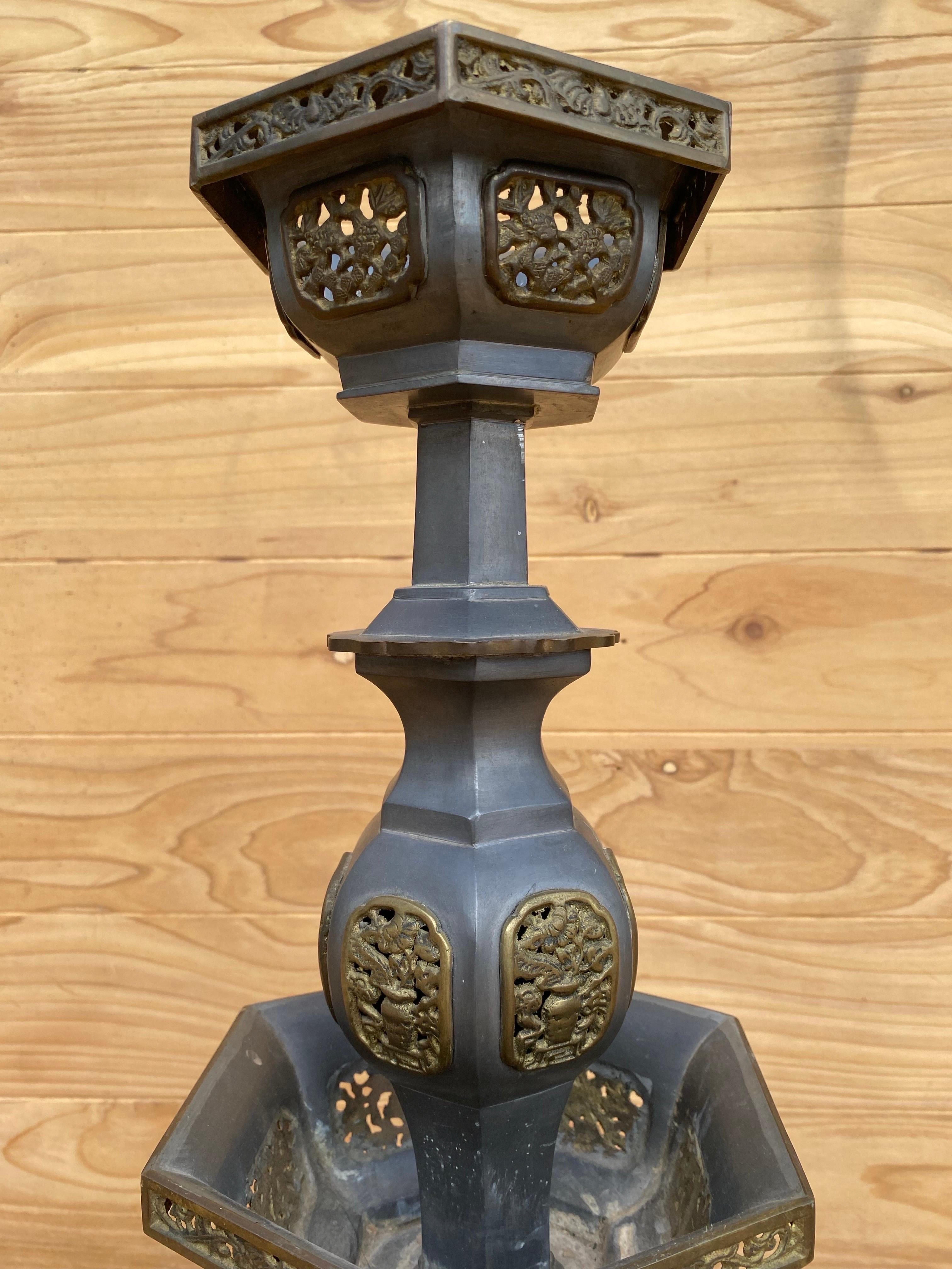 Vintage Pewter and Gilt Chinese Temple Candlesticks - Pair For Sale 6