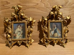Antique Victorian Portraits on Hand-Painted Porcelain Plaques in Carved Frames