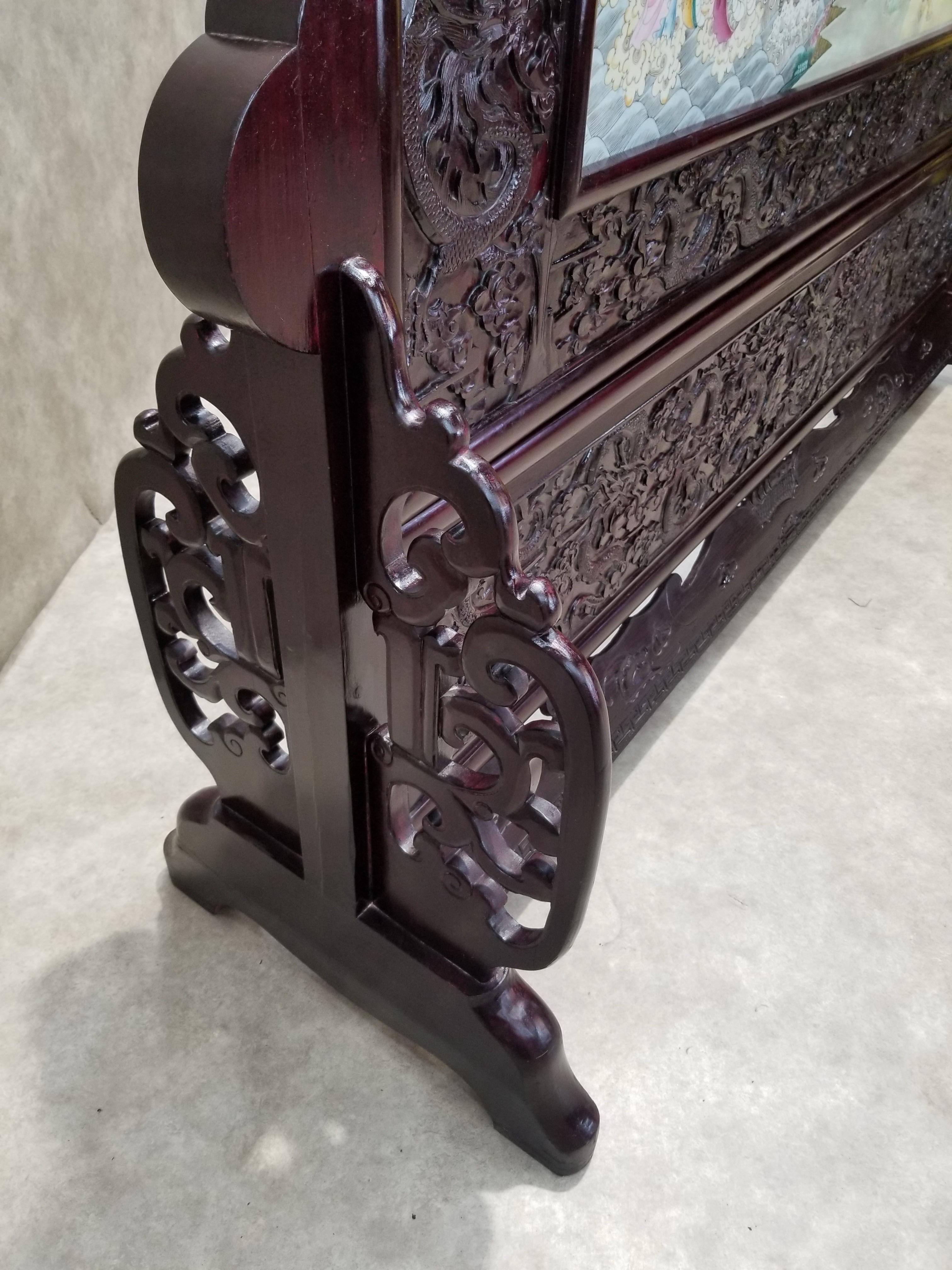 Antique Chinese Hand Painted Porcelain & Carved Rosewood Frame Room Divider For Sale 9