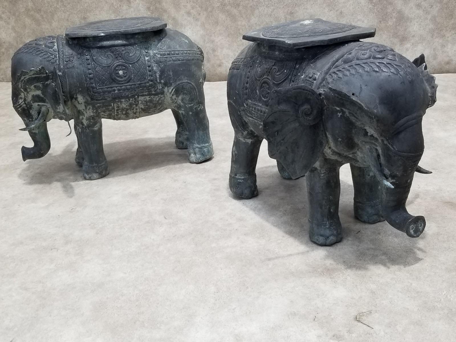 Antique Balinese Hammered Bronze Saddled Elephant Plant-Stand/Cocktail Table - S For Sale 11