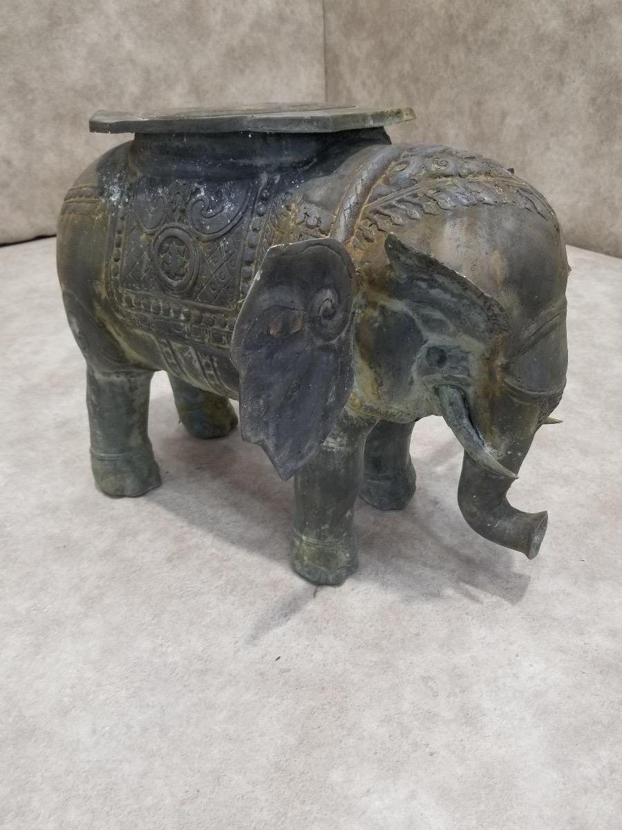 Antique Balinese Hammered Bronze Saddled Elephant Plant-Stand/Cocktail Table - S For Sale 13