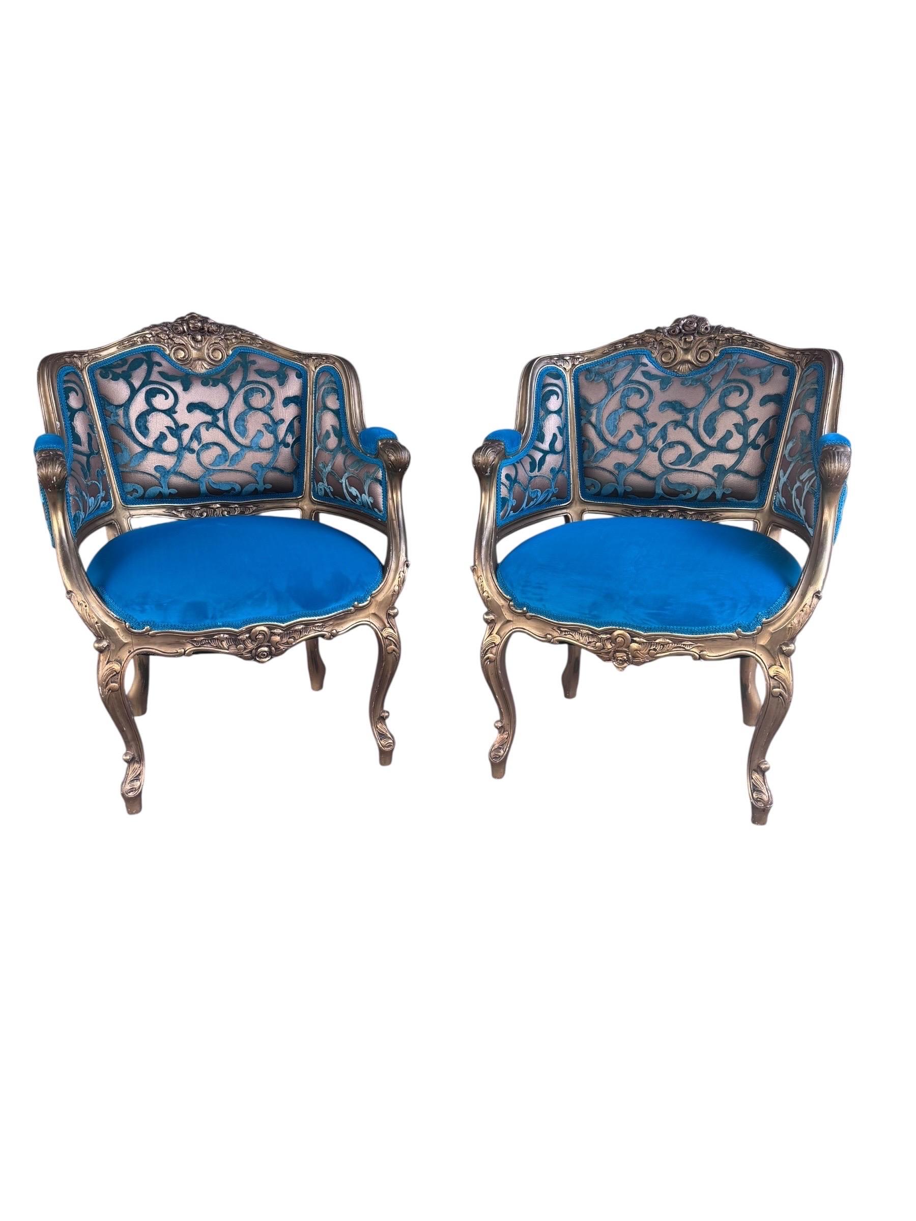 Antique French Louis XV Style Giltwood Chairs Newly Upholstered in Velvet - Pair