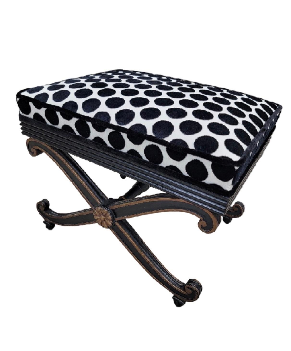 Unknown Vintage Regency Style Ottomans Newly Reupholstered in Black & White Velvet, Pair For Sale