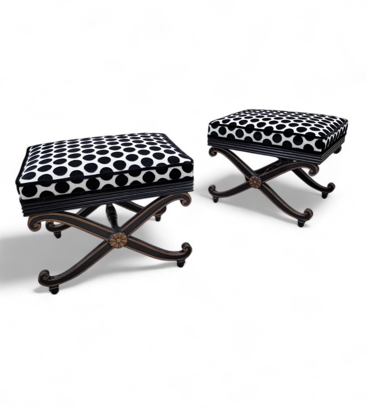 Vintage Regency Style Ottomans Newly Reupholstered in Black & White Velvet, Pair In Good Condition For Sale In Chicago, IL