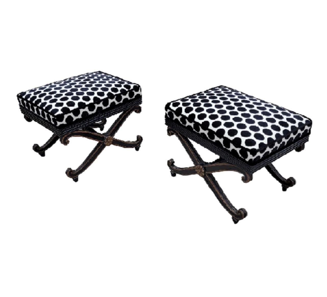 20th Century Vintage Regency Style Ottomans Newly Reupholstered in Black & White Velvet, Pair For Sale