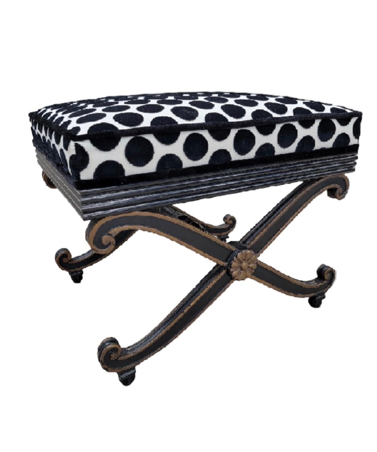 Hardwood Vintage Regency Style Ottomans Newly Reupholstered in Black & White Velvet, Pair For Sale