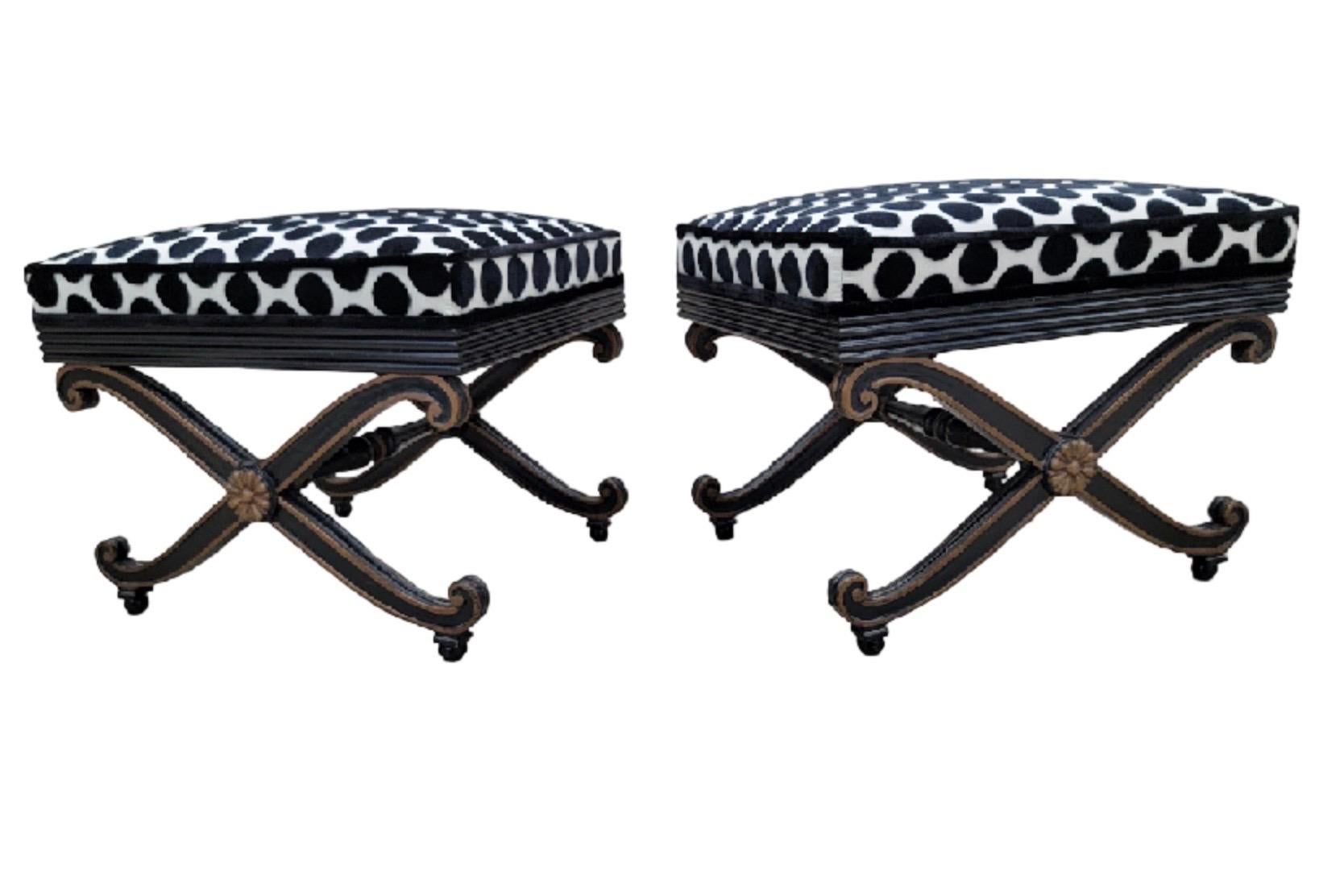 Vintage Regency Style Ottomans Newly Reupholstered in Black & White Velvet, Pair For Sale 1