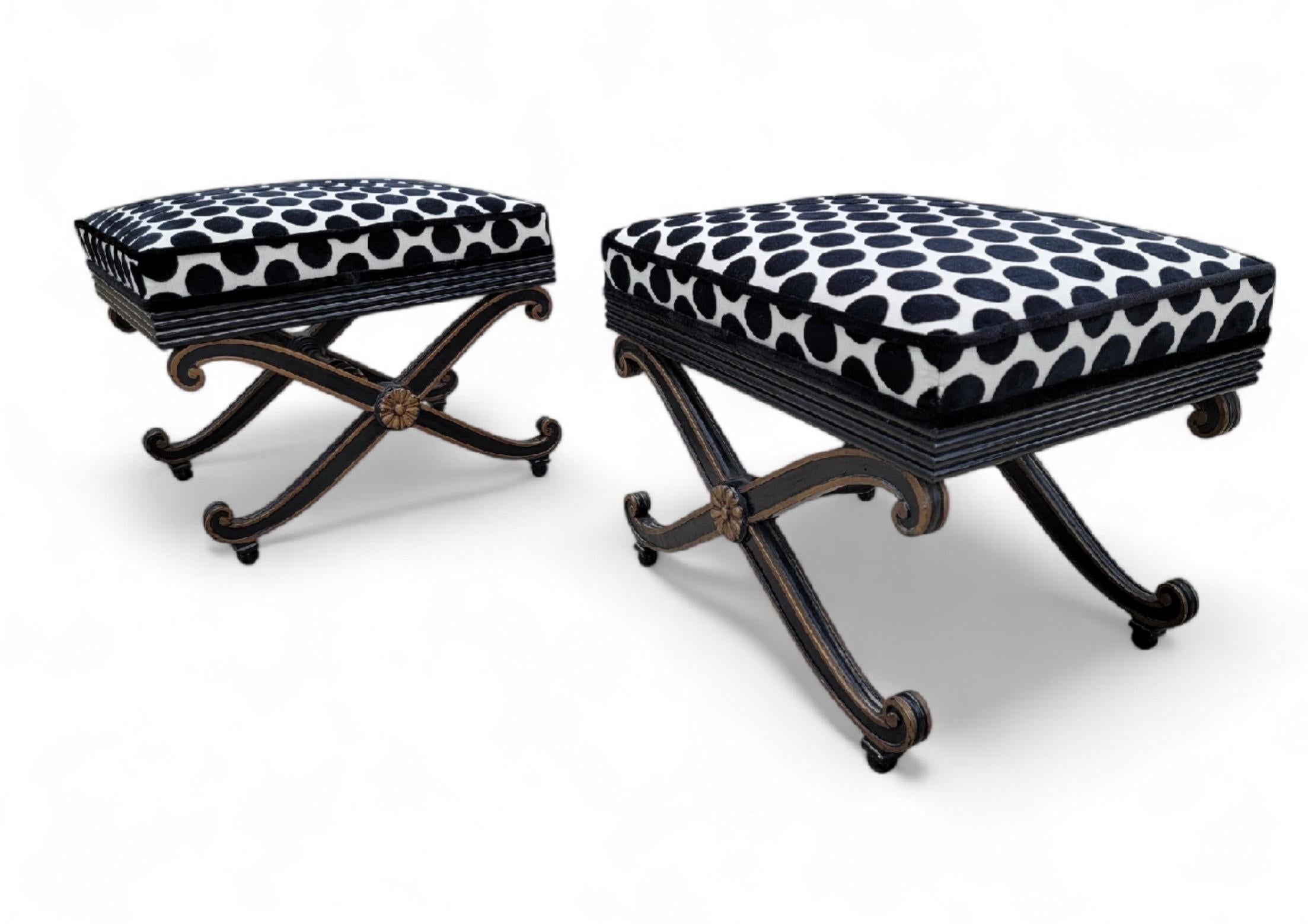 Vintage Regency Style Ottomans Newly Reupholstered in Black & White Velvet, Pair For Sale 2