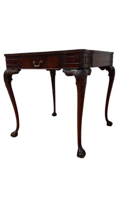 Vintage Chippendale Style Carved Mahogany Single Drawer Leather Top Game Table