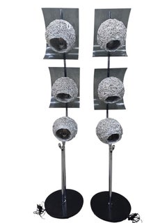 MCM Chrome Triple Light Lamps with Metal Spaghetti Shades – Pair