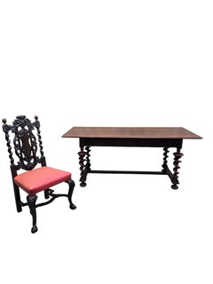 Antique Jacobean Revival Style Barley Twist Desk With Chair