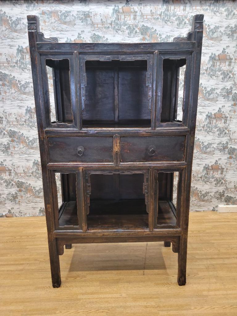 Libreria antica in legno di olmo laccato nero e marrone della provincia di Shanxi