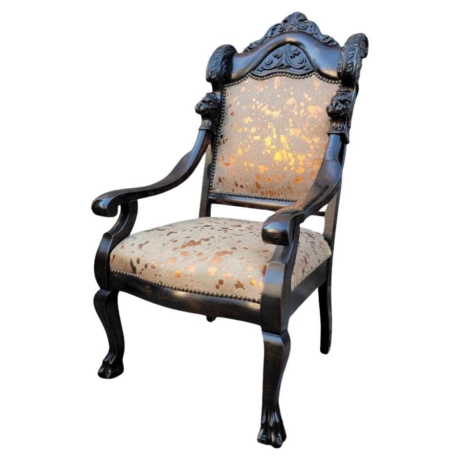 Antique French Baroque Sillón Trono de Caoba Tallado Recién Tapizado