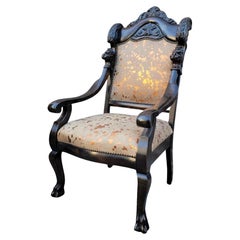 Antique French Baroque Carved Mahogany Fireside Throne Chair Newly Reupholstered