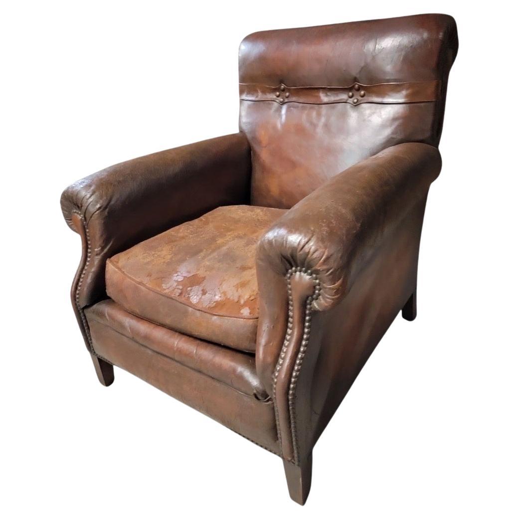 French Art Deco Distressed Brown Leather Club Chair