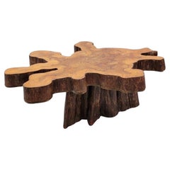 Tavolino da caffè vintage a lastra singola con bordo vivo, a forma di albero libero e naturale
