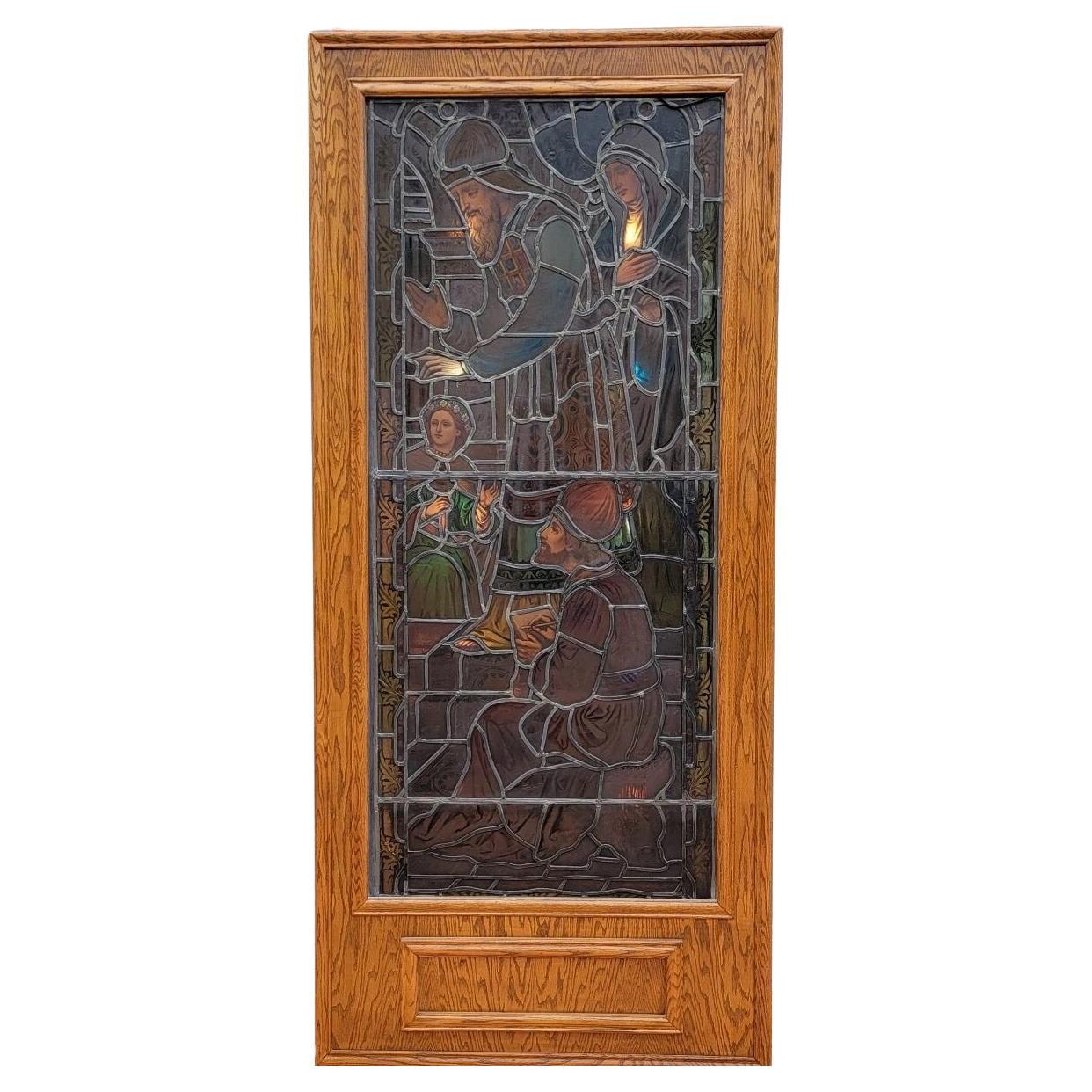 Antique Enclosed Light Box with Stained Glass Church Window