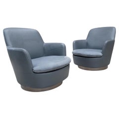 Vintage Modern Minotti Swivel Lounge Chairs In Aqua Blu Leather, Pair