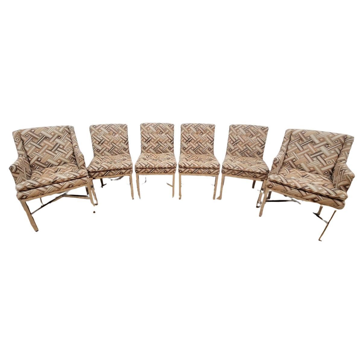 MCM Milo Baughman Style Chrome Base Dining Chairs in Original Fabric - Set of 6 For Sale