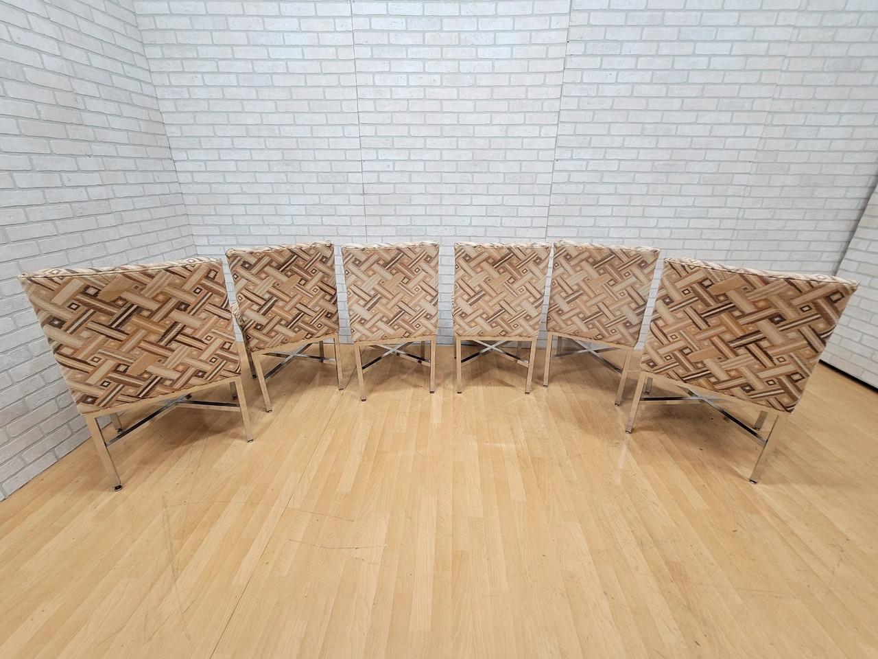 Mid Century Milo Baughman Style Chrome Base Cushion Top Dining Chairs in Original Fabric - Set of 6

This set includes two armchairs and four side chairs, all upholstered in their original fabric, showcasing timeless design and exceptional