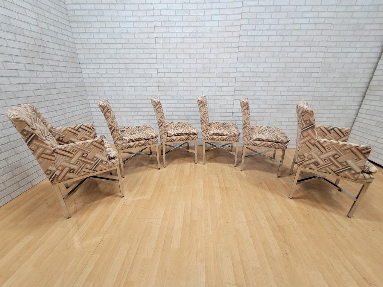 Mid-Century Modern MCM Milo Baughman Style Chrome Base Dining Chairs in Original Fabric - Set of 6 For Sale