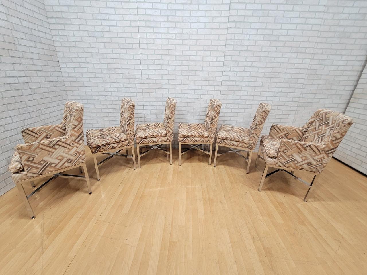 American MCM Milo Baughman Style Chrome Base Dining Chairs in Original Fabric - Set of 6 For Sale