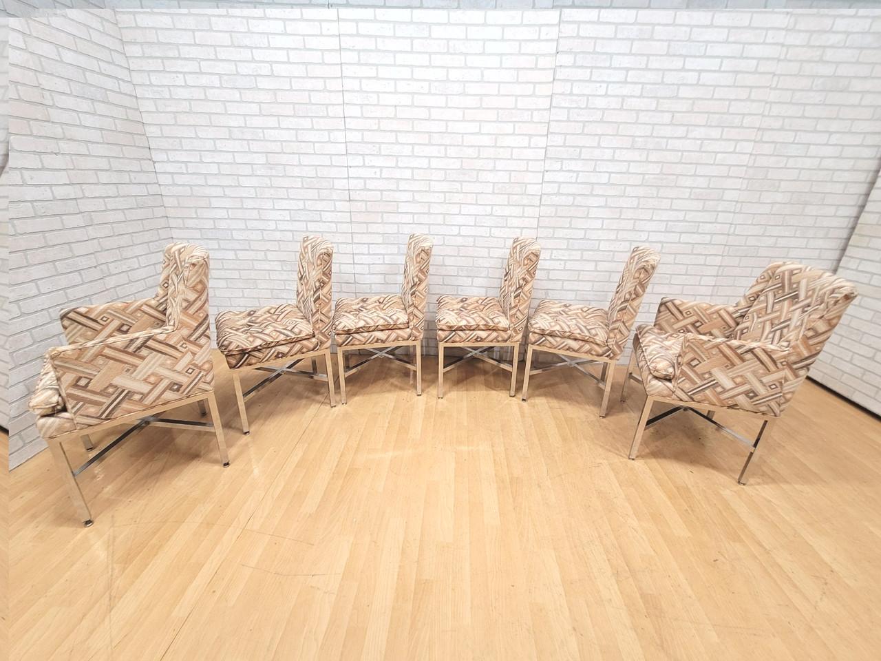 MCM Milo Baughman Style Chrome Base Dining Chairs in Original Fabric - Set of 6 For Sale 1