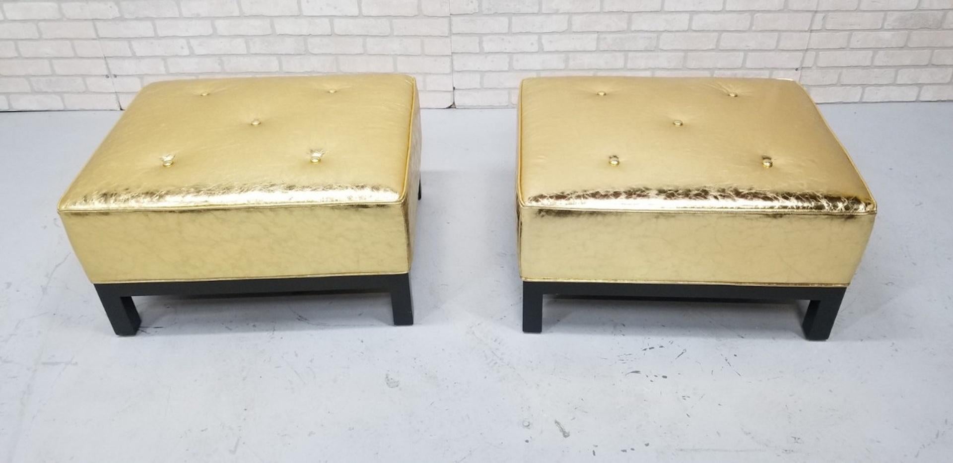 American Hollywood Regency Christian Liaigre Style Stools Upholstered in Gold Leather For Sale
