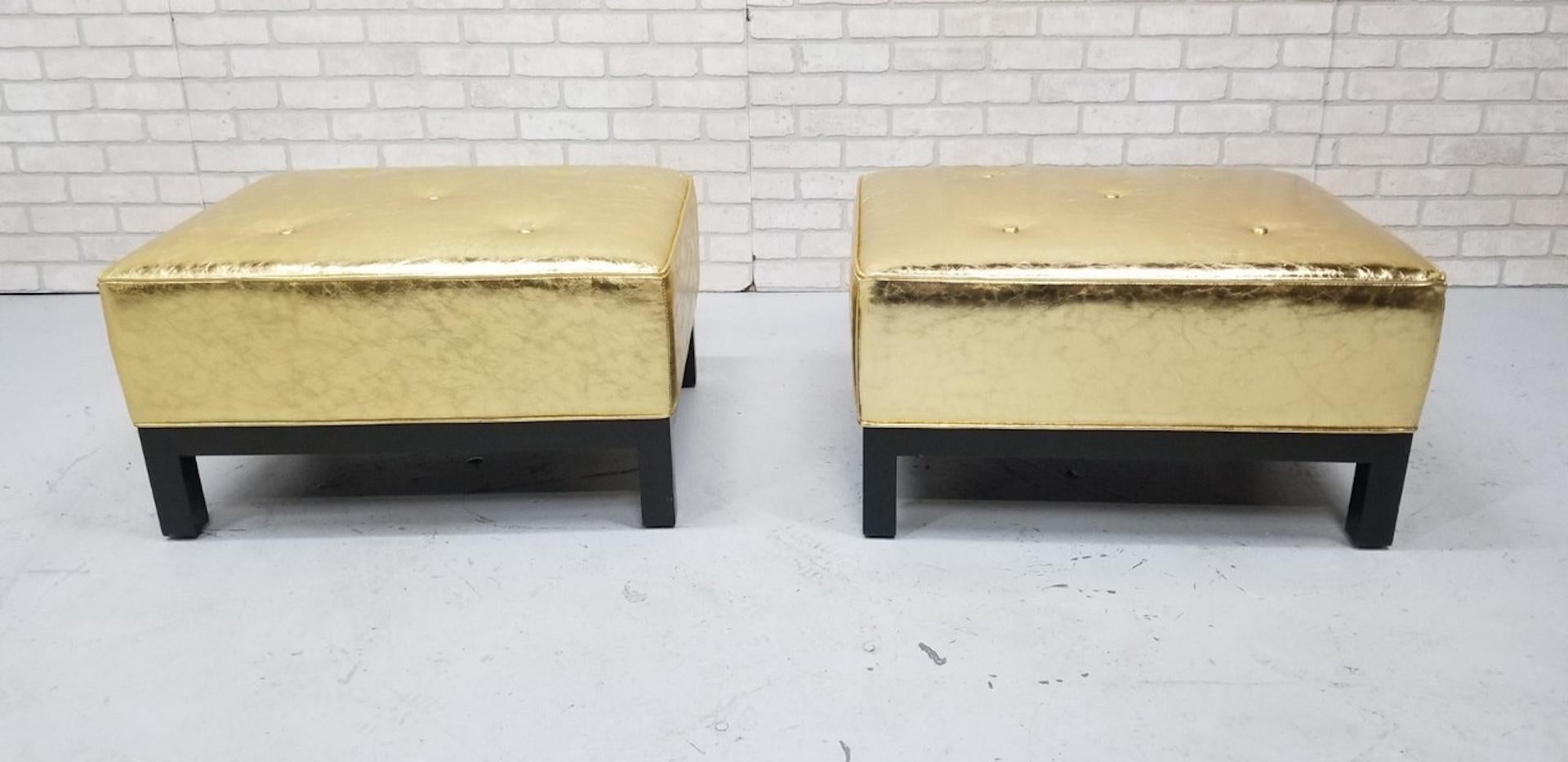Hollywood Regency Christian Liaigre Style Stools Upholstered in Gold Leather In Good Condition For Sale In Chicago, IL