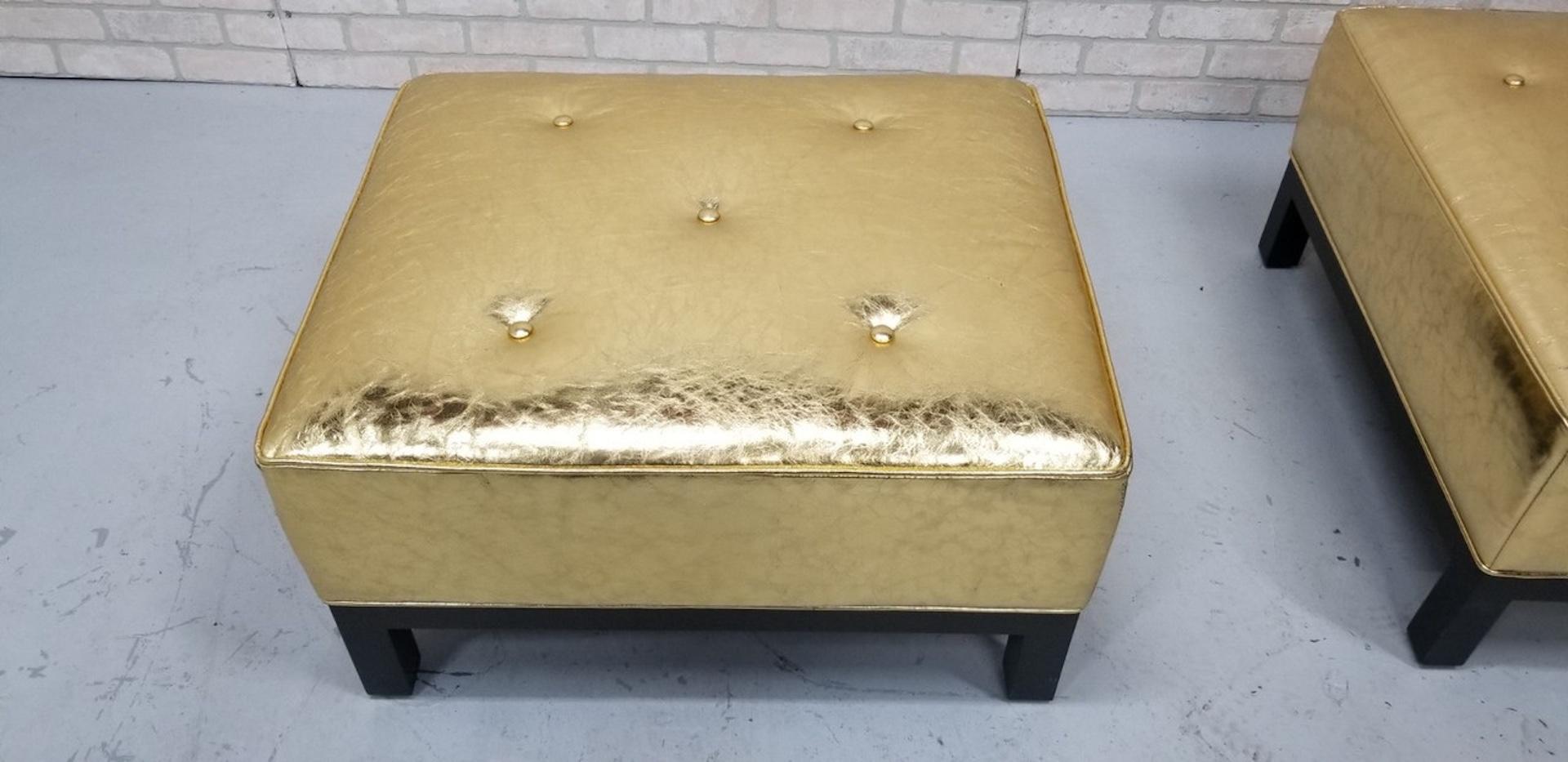 Hollywood Regency Christian Liaigre Style Stools Upholstered in Gold Leather For Sale 3