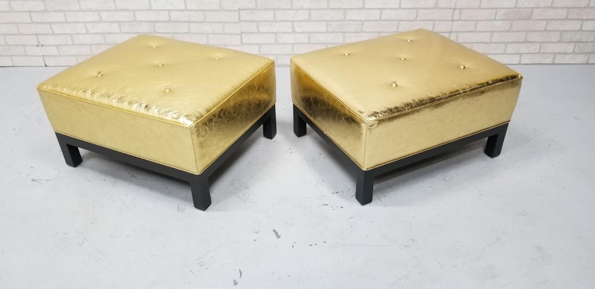 Hollywood Regency Christian Liaigre Style Stools Upholstered in Gold Leather For Sale 4