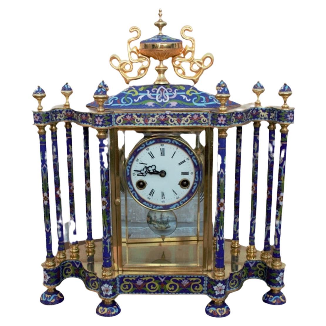 Mid Century Chinese Cloissoné Mantel Clock For Sale