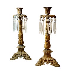 19th Century French Dore Bronze Candlesticks With Crystal Prisms