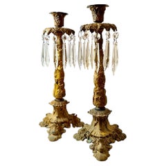 19th Century French Dore Bronze Candlesticks With Crystal Prisms