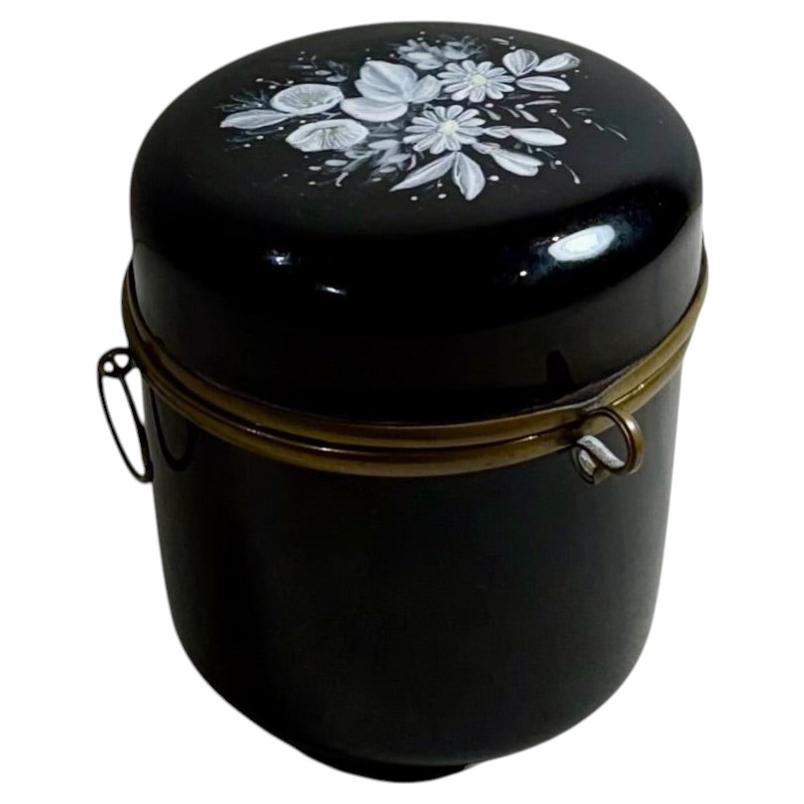 19th Century French Black Opaline Glass Box with Enamel Flowers For Sale