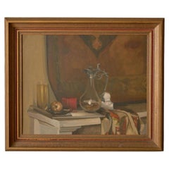 20th century still life oil on canvas of a jug on mantle piece